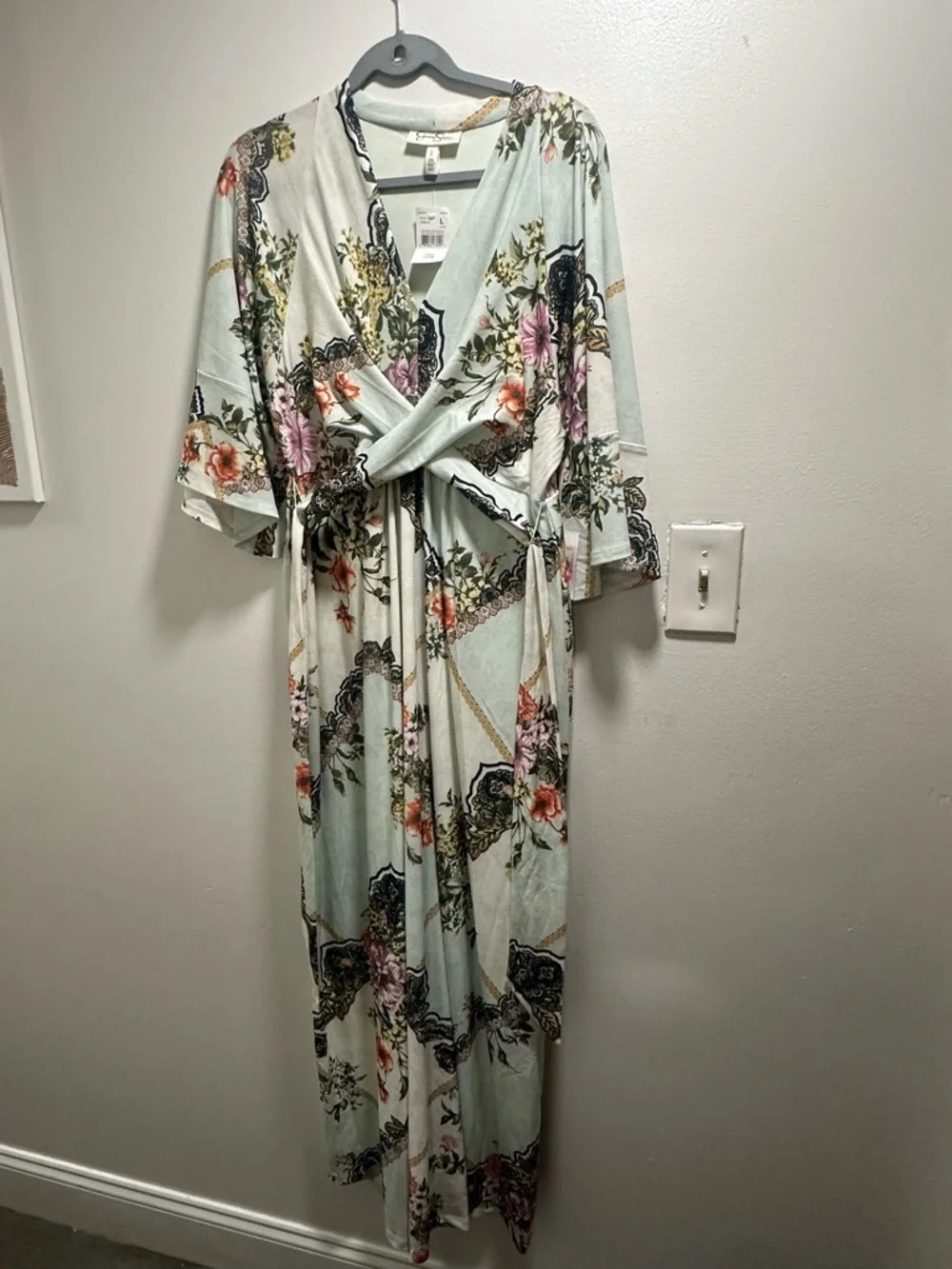 Jessica Simpson Maternity Floral boho Dress Tie Waist V-Neck mint Green Size L